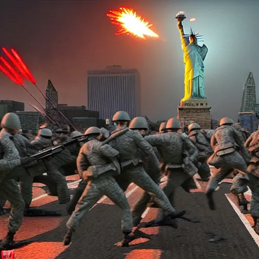 Prompt: The war between the Soviet Union and America, the action takes place in New York, far away against the background of the Statue of Liberty, a lot of soldiers and military equipment, a lot of explosions and tracer bullets, a lot of ruins, a very epic battle, Super quality, HD, super detailed details, Retro futurism art