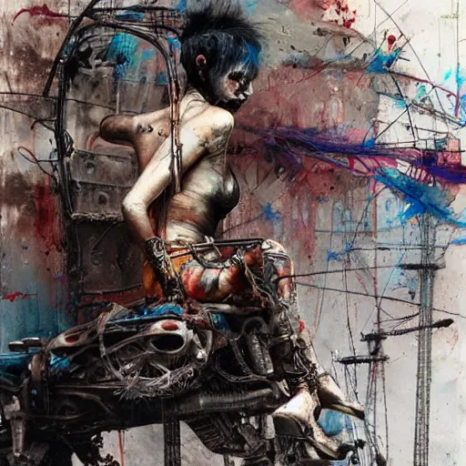 Image similar to mad max rockatansky, wires cybernetic implants, abandoned steelworks, grime and grunge, in the style of adrian ghenie, esao andrews, jenny saville,, surrealism, dark art by james jean, takato yamamoto