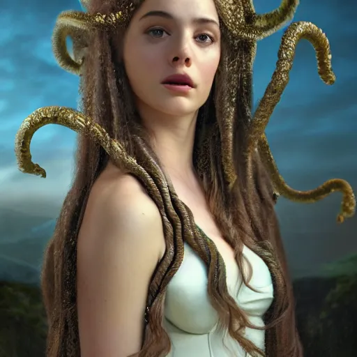 Image similar to Full body photo of the beautiful goddess Lana Rhoades as Medusa the greek goddess, she is looking straight to the camera, she has a glow coming from her, she is getting illuminated for rays of light, behind is a scary atmosphere, she is posing, the photo was taking by Annie Leibovitz, matte painting, oil painting, naturalism, 4k, 8k