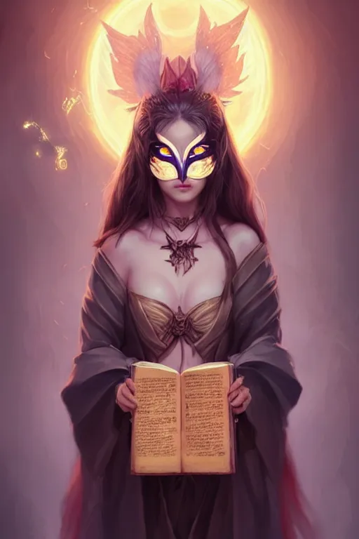 Image similar to gorgeous!!! hyper - realstic sorceress with a kitsune mask, holding a tattered magical book, casting a spell | drawn by wlop, drawn by jeehyung lee, drawn by artgerm | fantasy, intricate, highly detailed, digital painting, character design, concept art, illustration, artstation