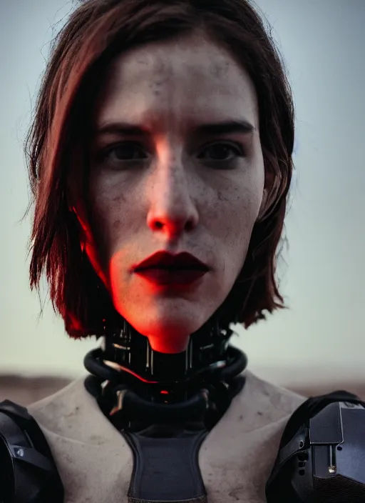 Prompt: cinestill 5 0 d photographic portrait of two loving provocative female androids wearing rugged black techwear on a desolate plain with a red sky in front of a brutalist structure, extreme closeup, cyberpunk style, dust storm, 8 k, hd, high resolution, 3 5 mm, f / 3 2, ultra realistic faces, ex machina