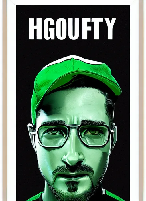 Image similar to highly detailed closeup portrait motivational poster of shia lebouf with large bold letter motivational words by greg rutkowski, by artgerm, gradient green, black and white color scheme, black border