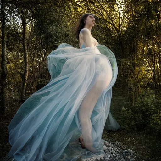 Prompt: photo by monia merlo, a woman wearing a giant inflated clear plastic dress containing an aquarium, backlit, 4 d, 4 k, volumetric lighting, photorealistic, light ray, hyperdetailed