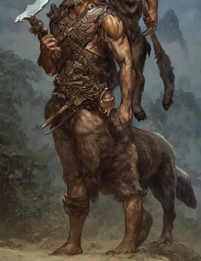 Image similar to portrait of a gruff ranger holding a spear, accompanied by a wolf dog, muscular, upper body, hairy body, D&D, fantasy, intricate, elegant, highly detailed, digital painting, artstation, concept art, matte, sharp focus, illustration, art by Artgerm and Greg Rutkowski and Alphonse Mucha