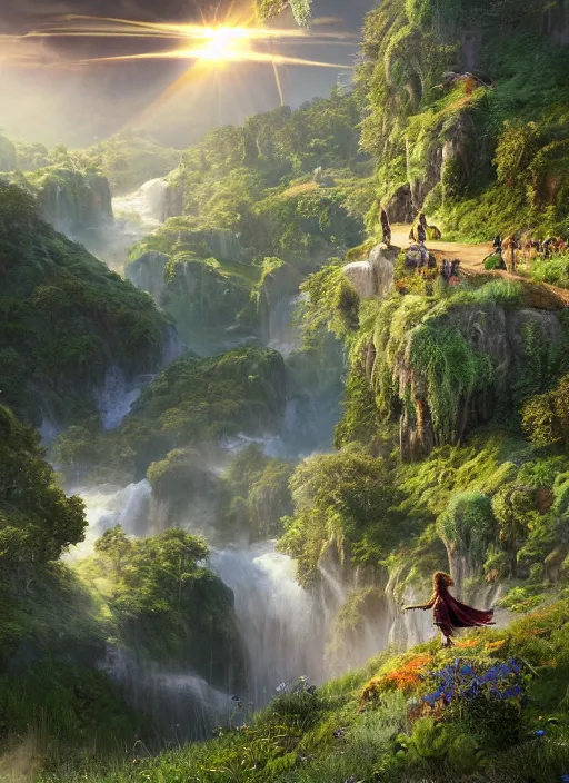 Image similar to a flying fairy in the distance of a lord of the rings scenery landscape, a vast lush valley flowers and wood structures, stream, sunrise, god's rays highly detailed, vivid color, cinematic lighting, cosmic, perfect composition, 8 k, gustave dore, derek zabrocki, greg rutkowski, belsinski, octane render