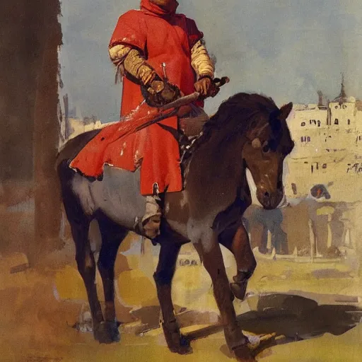 Image similar to portrait of man waring chinmail and gambeson, holding lance and sitting on horse wearing caparisons, medieval by greg manchess, bernie fuchs, walter everett, lost edges