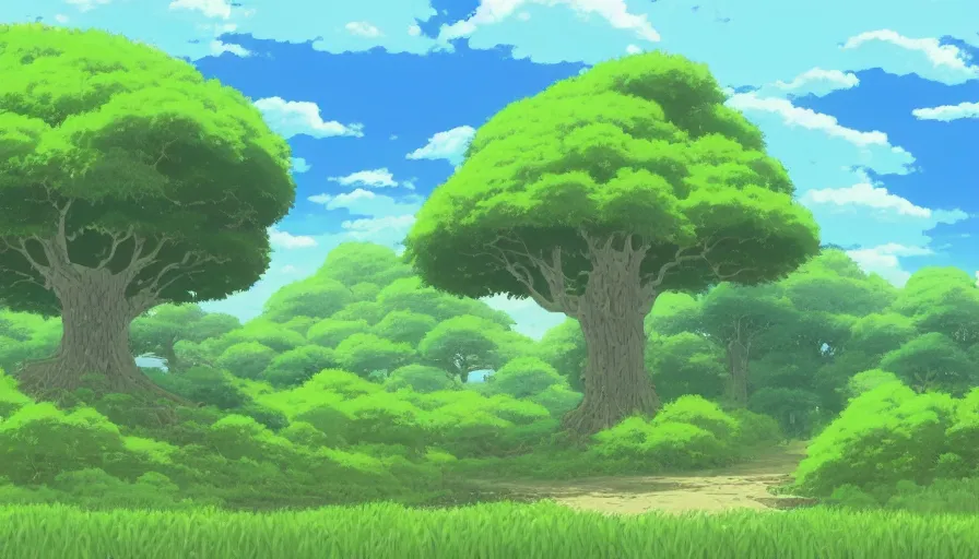 Prompt: a landscape of a single tree with bushes nearby, studio ghibli, castle in the sky, animated, anime, illustrated, vibrant, by toei animation, by miyazaki, on artstation