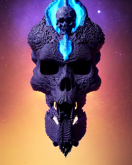 Image similar to 3 d ornate carved dark cosmic warrior with profile portrait, sigma 5 0 0 mm f / 5. beautiful intricate highly detailed quetzalcoatl skull. bioluminescent, plasma, lava, ice, water, wind, creature, thunderstorm! artwork by tooth wu and wlop and beeple and greg rutkowski, 8 k trending on artstation