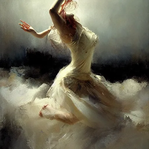 Image similar to painting of a beautiful surreal Harpey, dancing on a cloud, by Jeremy Mann and Jason Jenicke, detailed, stylized, loose brush strokes, intricate, realistic, exaggerated lighting, sense of scale, ferocious, sensual