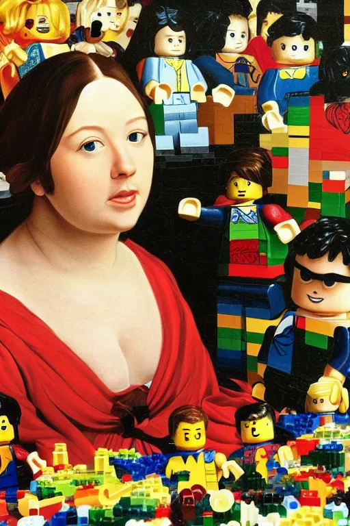 Prompt: a detailed portrait of chris - chan christine weston chandler surrounded by legos and amibos by caravaggio