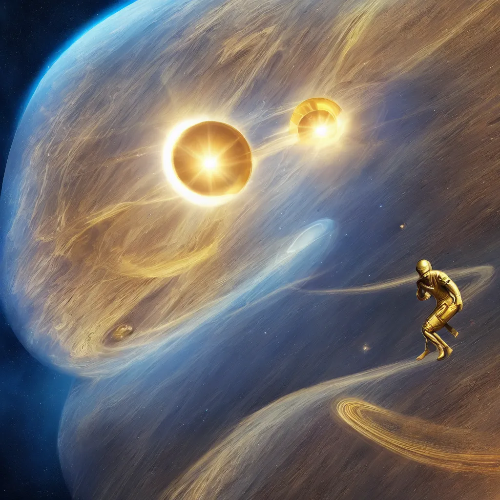 Image similar to “a woman flying from planet earth to planet Jupiter in an golden disk with a trail of golden light bending the reality behind her, highly detailed in 4K”