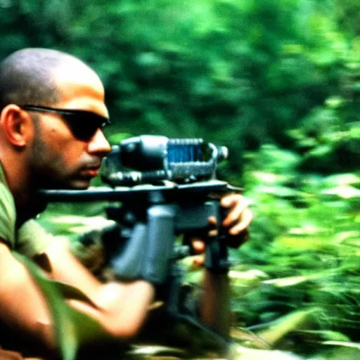 Prompt: film still, long shot of drake in the jungle as a vietnam door gunner, apocalypse now, associated press,, 2 6 mm, kodak ektachrome, blue tint expired film