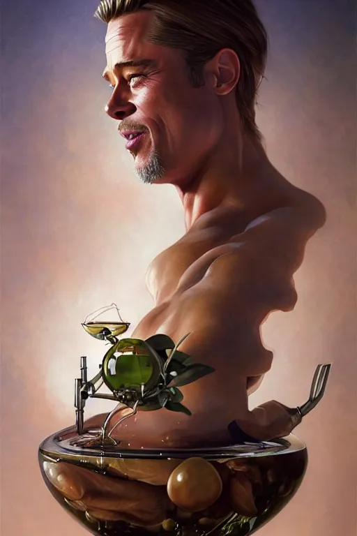 Prompt: brad pitt inside an olive in a martini glass, hyper detailed, digital art, artstation, cinematic lighting, studio quality, smooth render, by peter mohrbacher, hajime sorayama, wayne barlowe, boris vallejo, aaron horkey, gaston bussiere, craig mullins