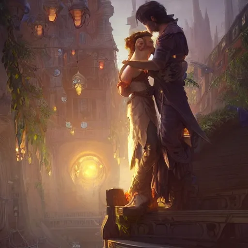 Image similar to a young couple hugging each other in a solarpunk city, D&D, fantasy, intricate, elegant, highly detailed, digital painting, artstation, concept art, matte, sharp focus, illustration, hearthstone, art by Artgerm and Greg Rutkowski and Alphonse Mucha