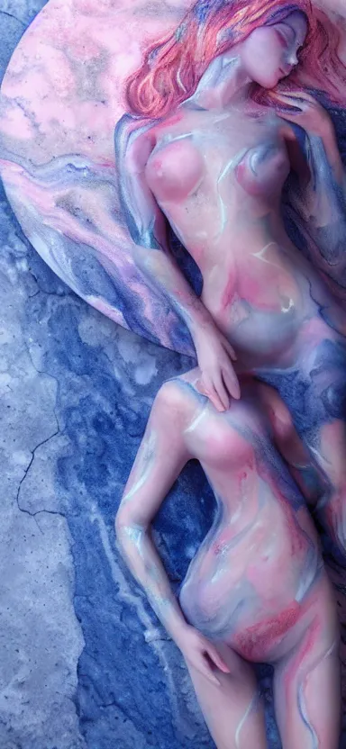 Image similar to 3 d female body silhouette sleeping in marble liquid acrylic fluid, cinestill, bokeh photography, photography by amy leibowitz and volfgandg schneider, bodypainting, painting by morava and goldalh, artstation, epic concept art, beautiful female face matte painting