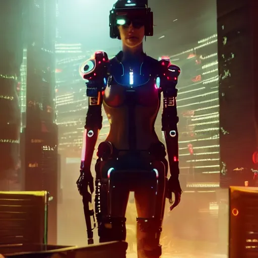 Image similar to film still of mary elizabeth winstead with cybernetic enchancments in cyberpunk 2 0 7 7 ( 2 0 2 4 )