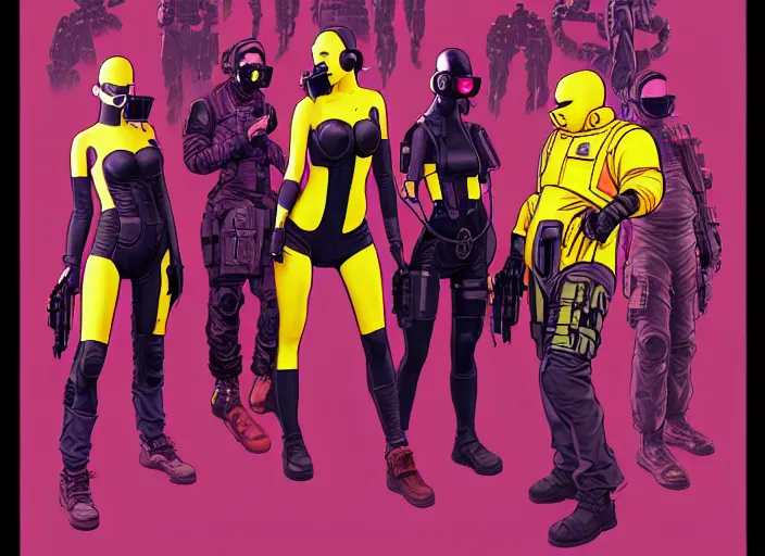 Image similar to cyberpunk hazmat tactical squad. portrait by stonehouse and mœbius and will eisner and gil elvgren and pixar. character design. realistic proportions. cyberpunk 2 0 7 7 character art, blade runner 2 0 4 9 concept art. cel shading. attractive face. thick lines. the team. diverse characters. artstationhq.