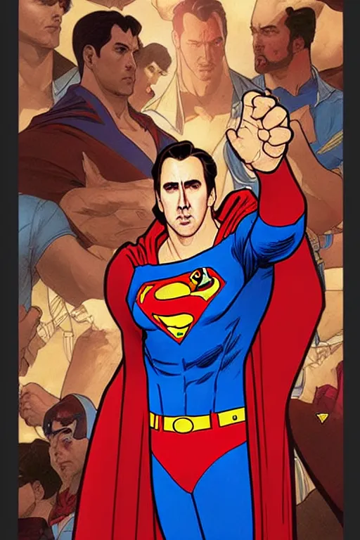 Image similar to nicholas cage as superman, in the style of art by artgerm and greg rutkowski and alphonse mucha