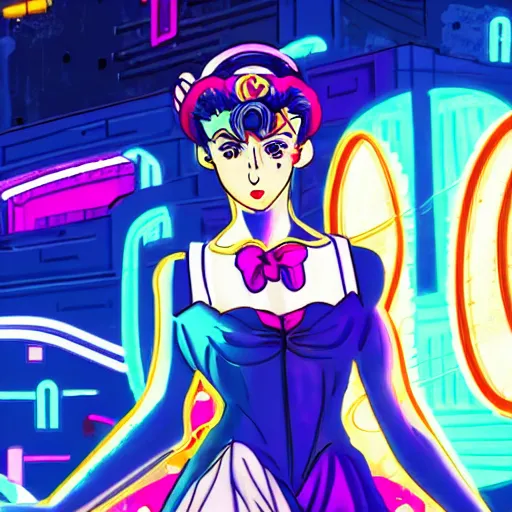 Image similar to portrait of sailor moon with arm tattoos, in the style of cyberpunk on the background of neon signs, symmetrical, single person