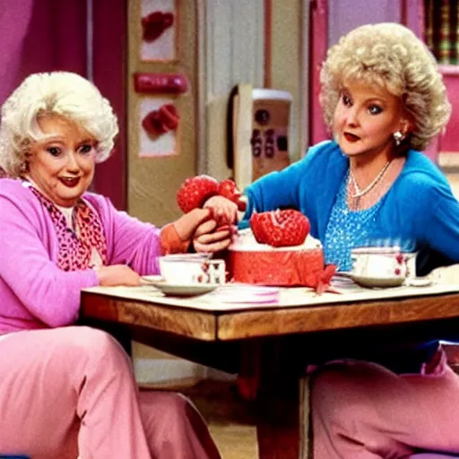 Prompt: a promotional still of the tv show golden girls ( 1 9 8 5 ), rose and dorothy are in the kitchen table eating cheesecake.