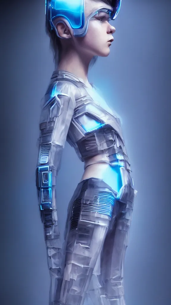 Image similar to full body shot of young punk woman dressed in futuristic cyberpunk clothing, soft blue light, by rineke dijkstra and artgerm, intricate details, highly detailed, masterpiece, 8 5 mm