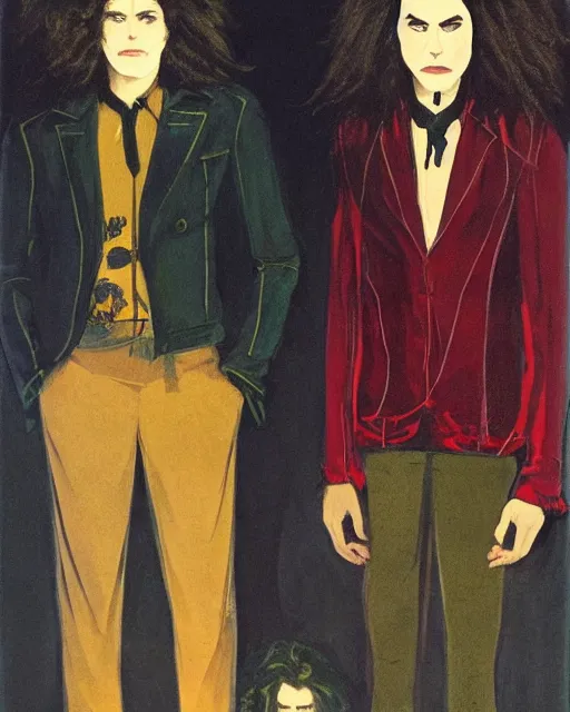 Prompt: two handsome but sinister young men wearing gucci in layers of fear, with haunted eyes and wild hair, 1 9 7 0 s, seventies, wallpaper, a little blood, moonlight showing injuries, delicate embellishments, painterly, offset printing technique, by brom, robert henri, walter popp