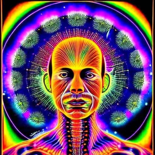 Image similar to A psychedelic silhouette of a human body filled with the universe, planets, stars and galaxies in the style of Alex Grey