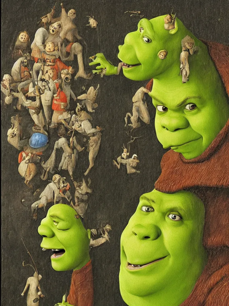 Prompt: shrek painted in the style of hieronymus bosch