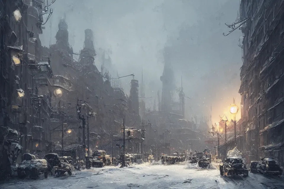 Image similar to highly detailed painting of dieselpunk stockholm, winter, snow, dystopia, by greg rutkowski, 4 k resolution, trending on artstation