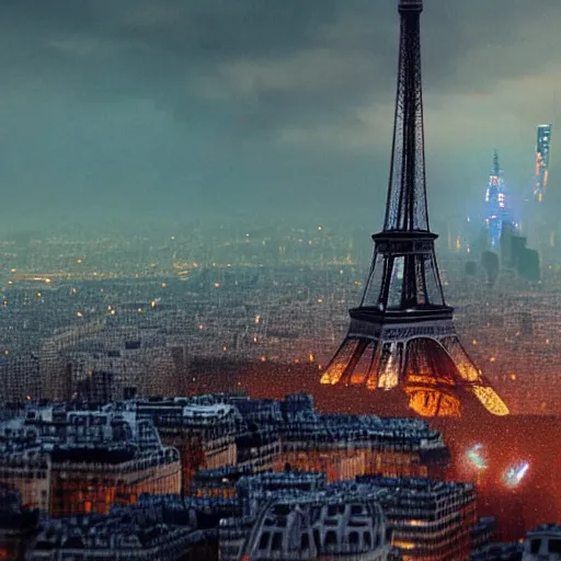 Image similar to A beautiful intricate 8K award-winning ground-level cinematic movie photograph of the future rusting rubble of the fallen and decimated Eiffel Tower, lying in pieces on the ground, surrounded by neon and collapsing corporate video billboard displays. in the year 2050, by Bruno Delbonnel and greg rutkowski. octane render, Arri Alexa 65. Cinematic lighting