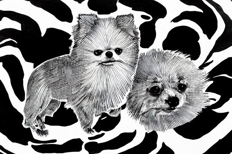 Image similar to pomeranian looking into a giant swirling black hole, black and white, botanical illustration, black ink on white paper, bold lines