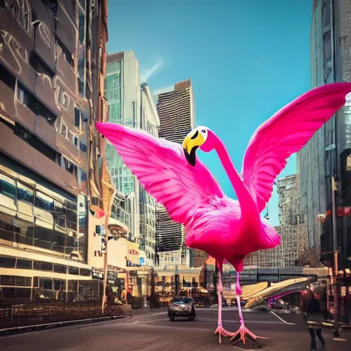 Image similar to photo of giant flamingo attacking a city