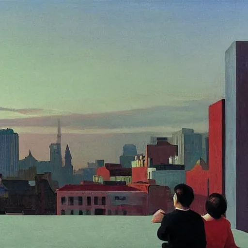 Image similar to a small rooftop with a couple of people sitting and watching the view, wearing black modern clothes, modern shanghai bund is on the background, sunset, by edward hopper, by gregory crewdson