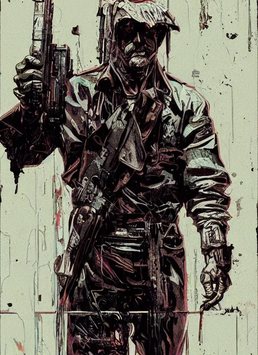 Prompt: the butcher. cyberpunk assassin. portrait. illustration, pop art, art by ashley wood and alphonse mucha and laurie greasley and josan gonzalez. cinematic. realistic proportions. moody industrial setting. artstationhq