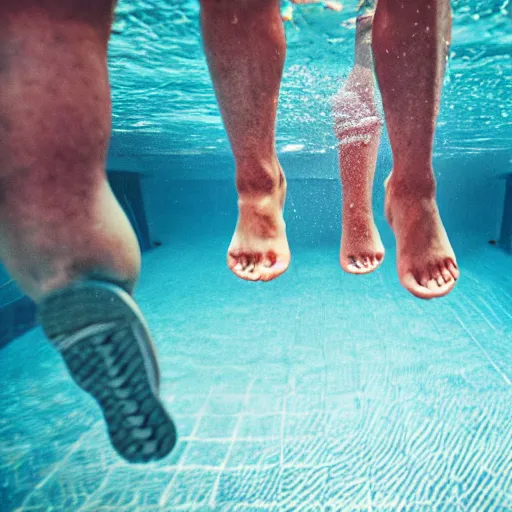 Prompt: people walking with weights in their hand on the bottom of a pool, underwater