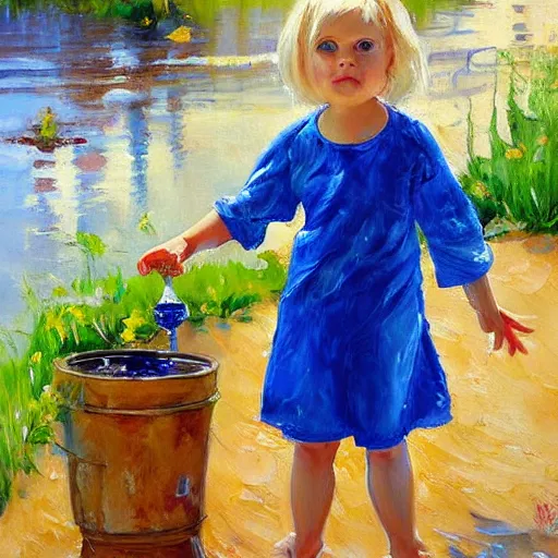 Image similar to A beautiful painting of a small girl with blonde hair, blue eyes, and a white dress sitting on a stool with her feet in a bucket of water. She has a serious look on her face as she stares at the water. cow print by Raymond Swanland, by Charles Camoin insane