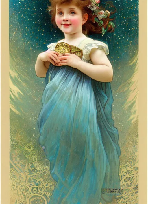 Prompt: a cute little girl with a round cherubic face, blue eyes, and short wavy light brown hair smiles as she floats in space with stars all around her. she is wearing a turquoise dress. beautiful painting with highly detailed face by alphonse mucha and artgerm and greg rutkowski