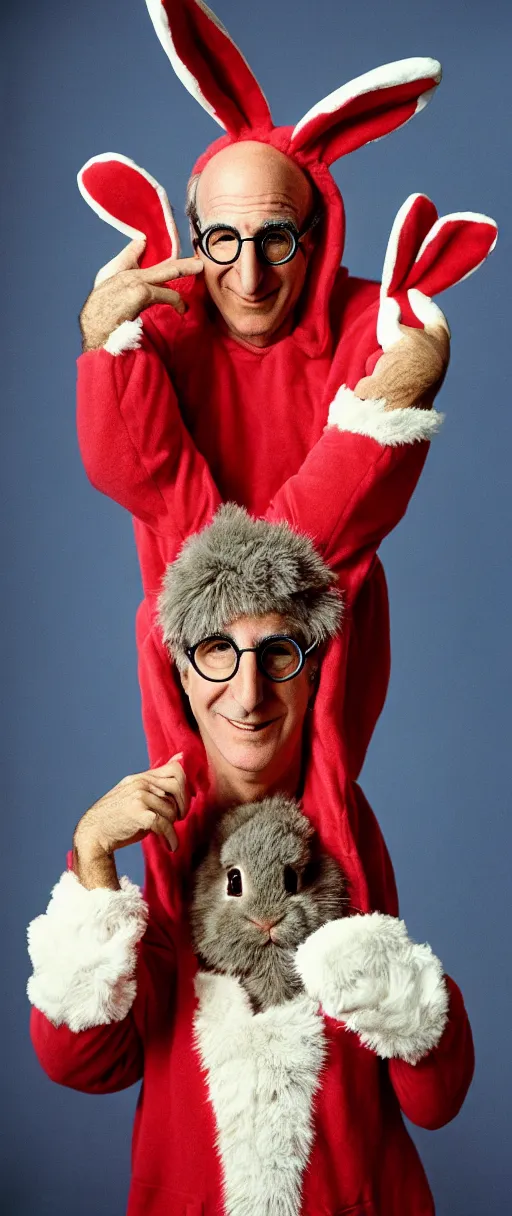 Image similar to award winning photo of larry david playing poker wearing bunny costume, vivid colors, happy, symmetrical face, beautiful eyes, studio lighting, wide shot art by Sally Mann & Arnold Newman