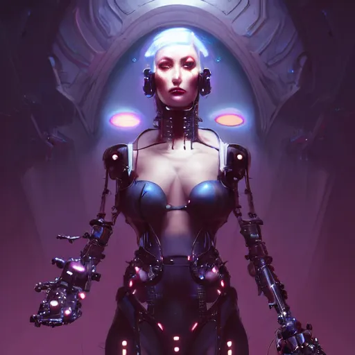 Prompt: a portrait of a beautiful cybernetic mistress of the night, cyberpunk concept art by pete mohrbacher and wlop and artgerm and josan gonzales, digital art, highly detailed, intricate, sci-fi, sharp focus, Trending on Artstation HQ, deviantart, unreal engine 5, 4K UHD image