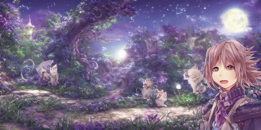 Prompt: final fantasy key visual of a cats anime, in a magical fantasy garden at night, moonlight, fireflies glowing, lofi feel, magical, highly detailed, digital art, artstation, smooth, hard focus, illustration, art by artgerm - in the style of final fantasy and studio ghibli