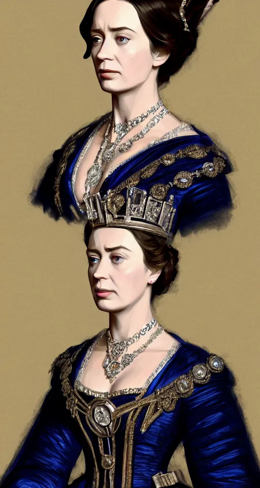 Image similar to portrait of emily blunt as queen victoria, jewelry, greek, sapphire, victorian age, 1 8 9 0, intricate, headshot, key visual, conceptart, ambient lighting, highly detailed, digital painting, artstation, concept art, sharp focus, by makoto shinkai and akihiko yoshida and greg manchess