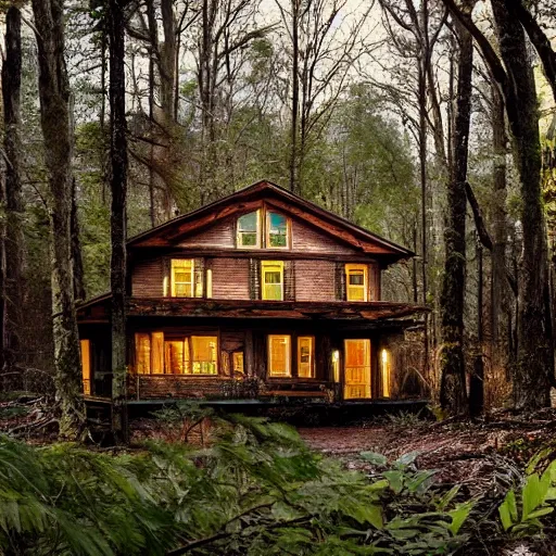 Image similar to national geographic cover photo of an weird house in the woods