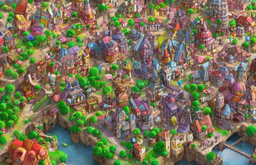 Image similar to town made of candy, artstation, ghibli studio, pixar, dreamworks, disney, epic composition, unreal engine, intricate details