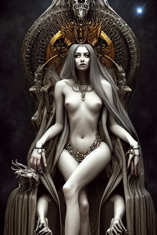 Image similar to Full Body View, Beautiful Face, The Fantasy Goddess Eris, on her Throne, by NIXEU, by HR Giger, by WLOP, by Attila Adorjany