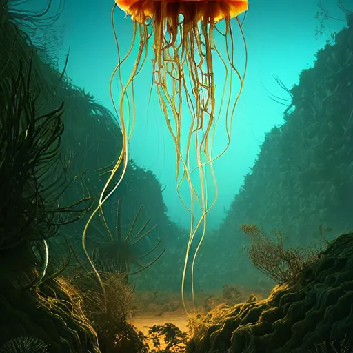 Image similar to creature jellyfish in a desert lush vegetation, warm tones, night, water reflection, bioluminescent translucent : : by michal karcz, daniel merriam, victo ngai and guillermo del toro : : ornate, dynamic, particulate, intricate, elegant, highly detailed, centered, artstation, smooth, sharp focus, octane render, 3 d