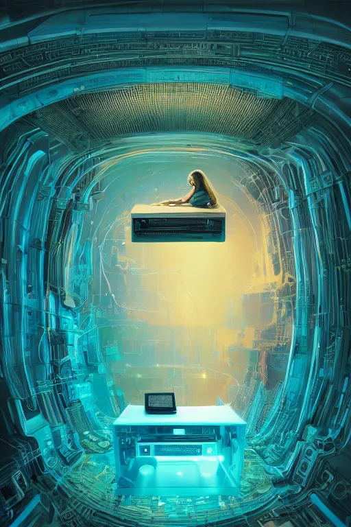 Image similar to Digital concept art, very highly detailed Haker that haking, siting inside the giant very highly detailed computer, by Beeple very highly Detailed by Guy Bourdin and Reka Nyari,on Pentax 67, Kodak Portra 400, soft Cyan Gold light, The Golden Ratio from the distance