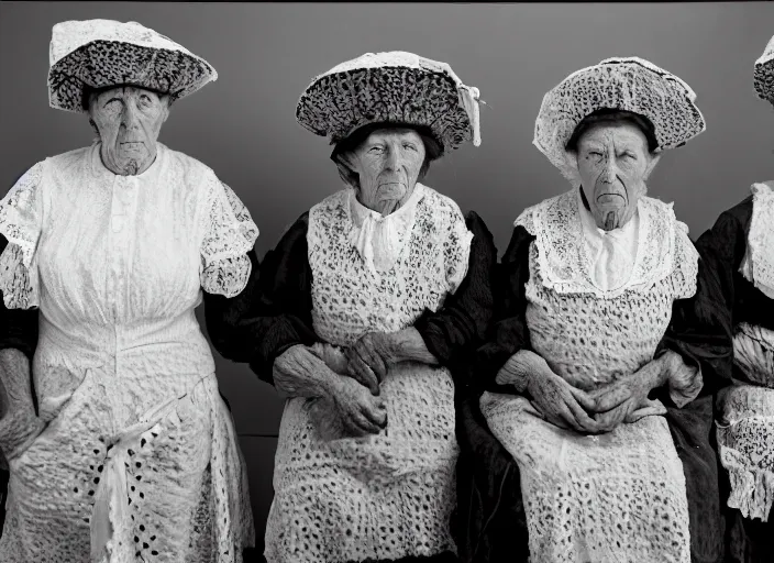 Prompt: close up of three old women from brittany with hats in white lace and dark folk costumes in a kitchen. they look visibly angry. in color.