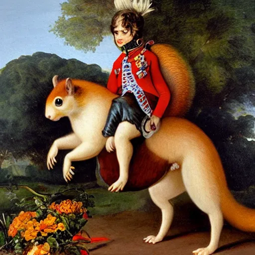 Image similar to a giant squirrel carrying napoleon!!! on its back, beach scene with flowers and foliage, detailed oil painting