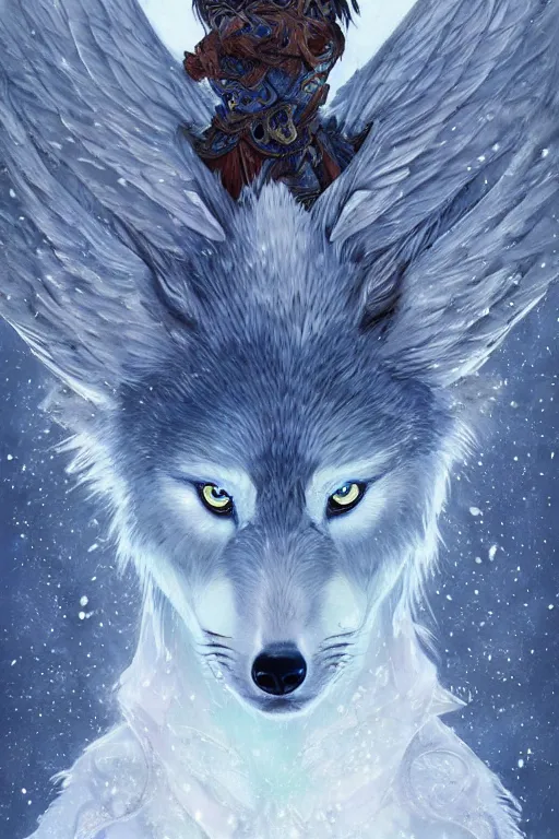 Image similar to blue wolf with wings, facing front, regal, elegant, winter, snow, beautiful, stunning, hd, illustration, epic, d & d, fantasy, intricate, elegant, highly detailed, digital painting, artstation, concept art, smooth, sharp focus, illustration, wallpaper, art by artgerm and greg rutkowski and alphonse mucha and jin xiaodi