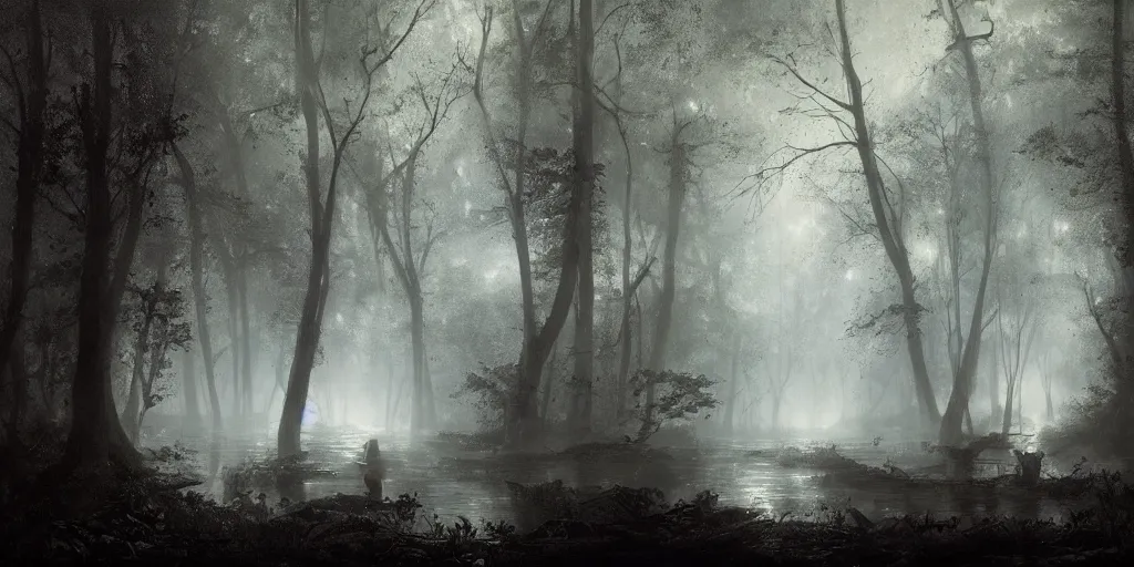 Prompt: [ a dark scene of a dense forest at night with a gentle stream through it, moonlight through trees, volumetric light and mist, fog, a dead fallen tree lays in the water ], andreas achenbach, artgerm, mikko lagerstedt, zack snyder, tokujin yoshioka